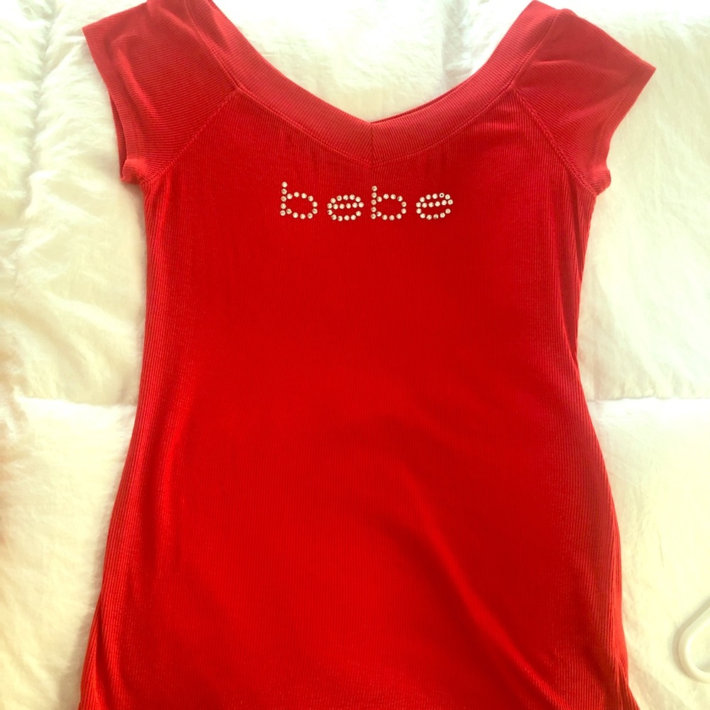 Bebe Red Ribbed Top with Rhinestones Lg